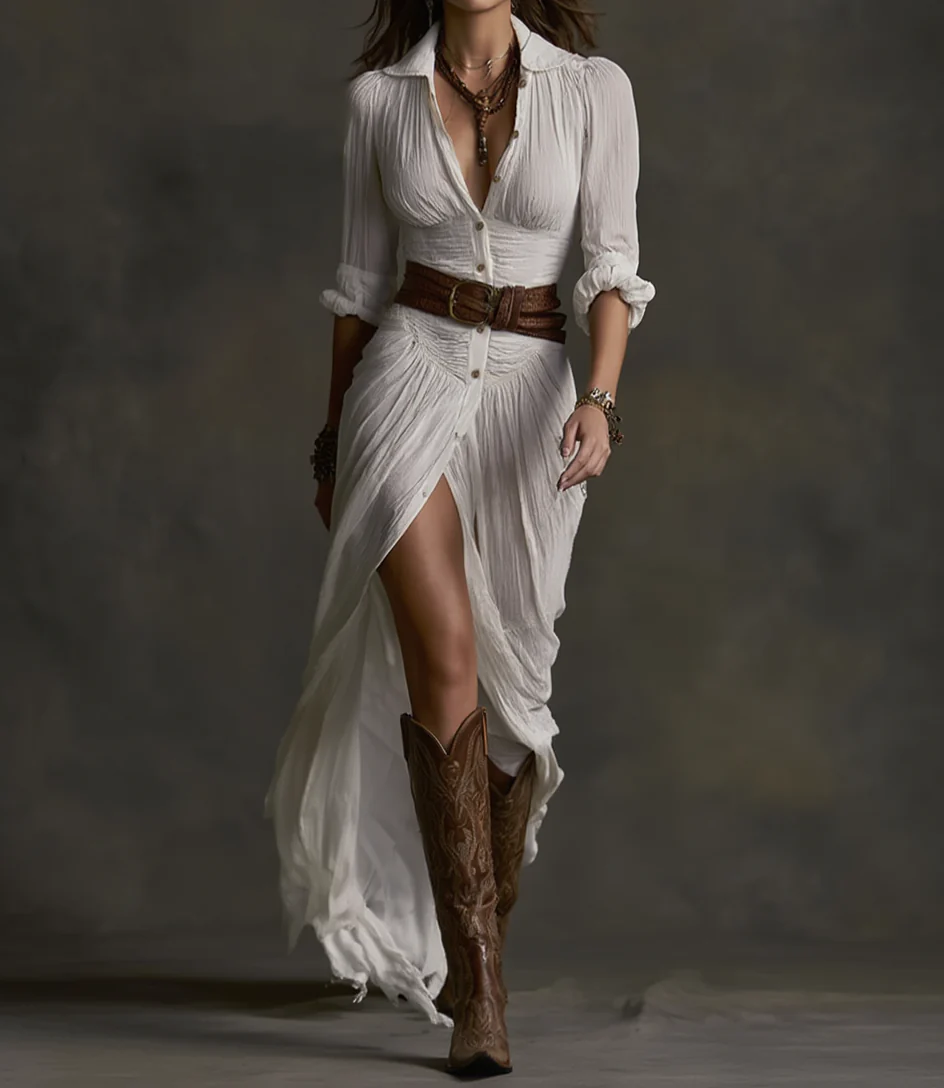 AURORA - LONG LINEN DRESS WITH LAPEL COLLAR - Image 5