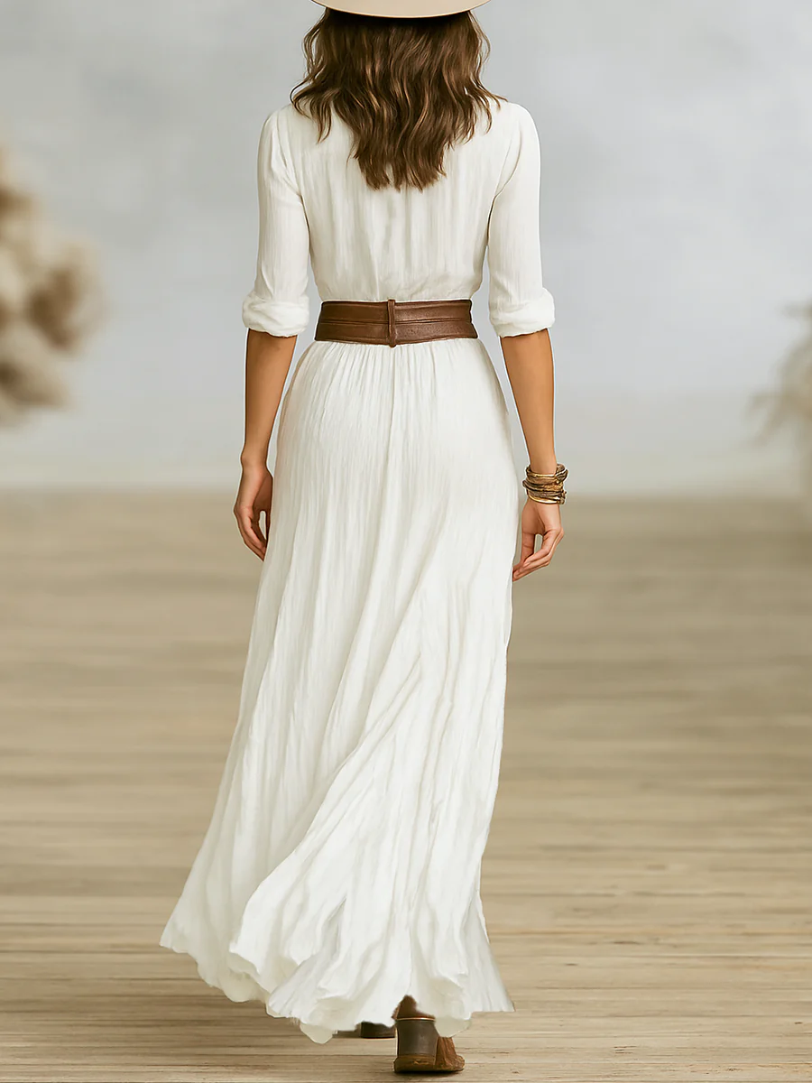 AURORA - LONG LINEN DRESS WITH LAPEL COLLAR - Image 7