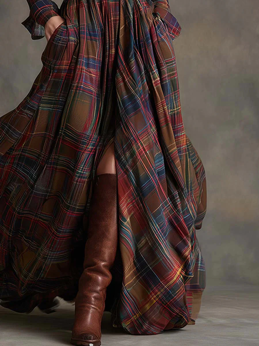 BEATRIZ™ | LONG CHECKED DRESS WITH BELT - Image 5