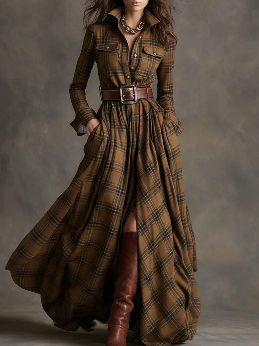 BEATRIZ - LONG PLAID DRESS WITH BELT - Image 3
