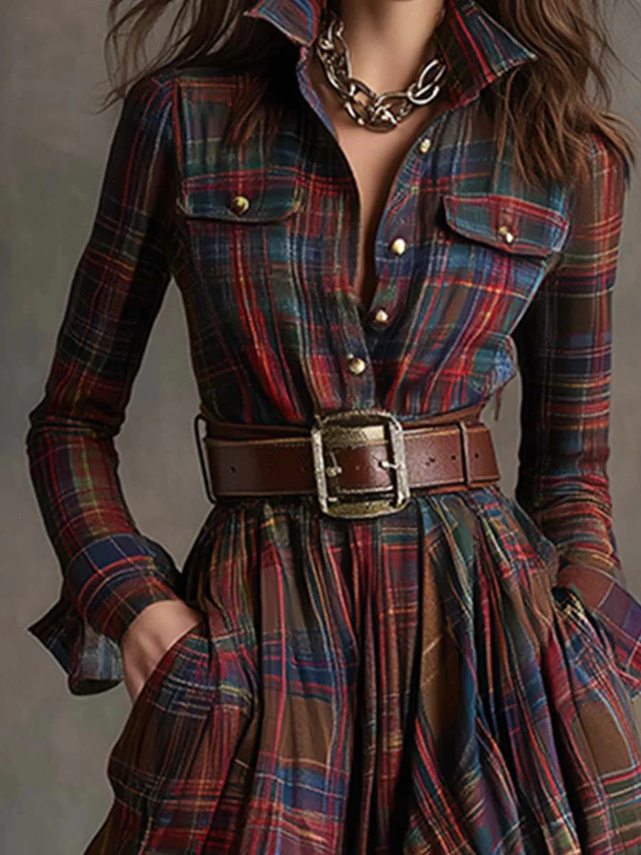 BEATRIZ - LONG PLAID DRESS WITH BELT - Image 4