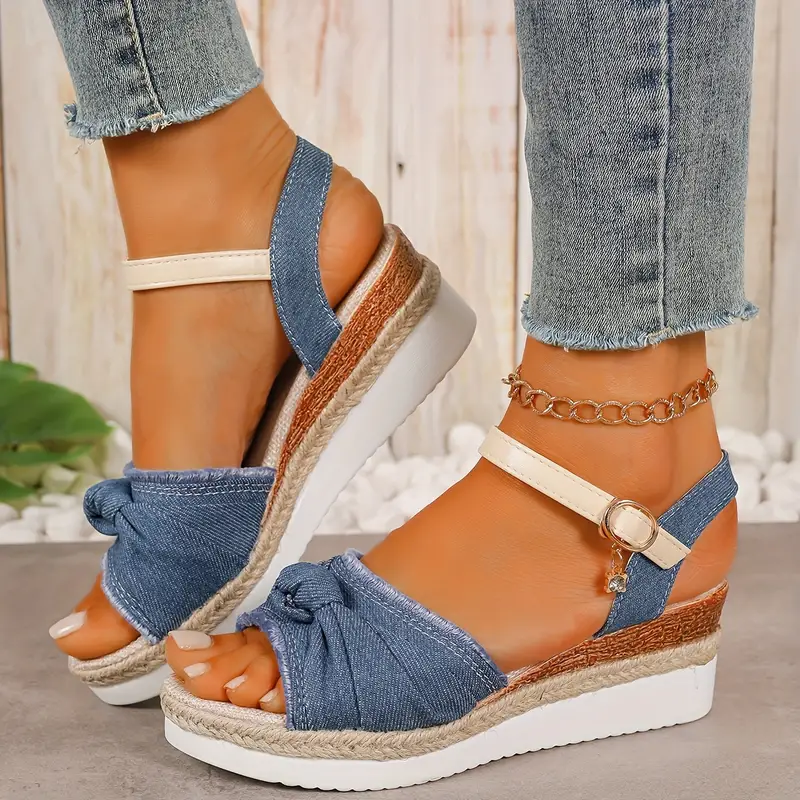 BEGA™ WOMEN'S DENIM BOW ANKLE STRAP WEDGE SANDALS - Image 2