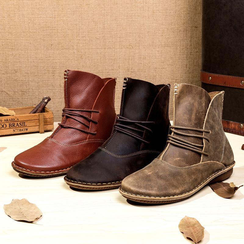 WOMEN CROSS STRAP COWHIDE LEATHER ANKLE BOOTS - Image 4