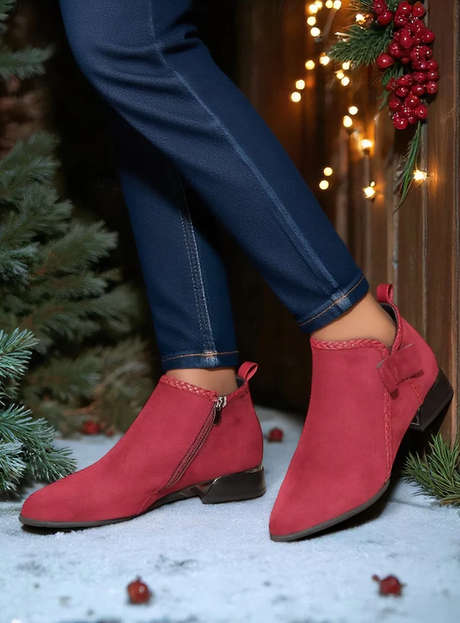 HOLLY™ WOMEN'S RED SUEDE SIDE BOW ANKLE BOOTS - Image 4