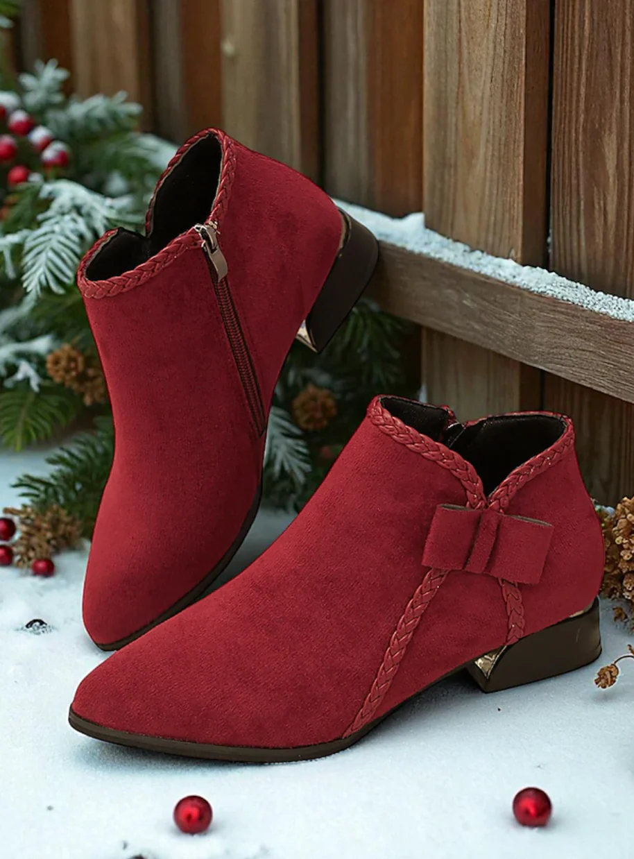 HOLLY™ WOMEN'S RED SUEDE SIDE BOW ANKLE BOOTS - Image 7