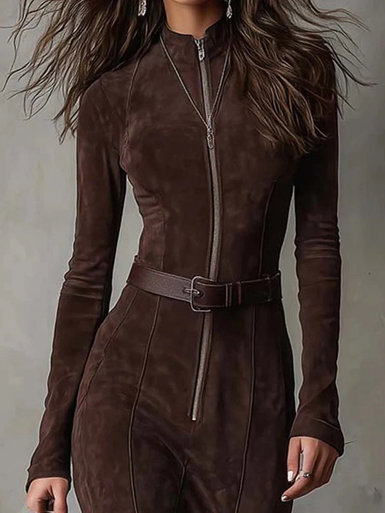 MARSELLA - LONG BROWN DRESS WITH BELT - Image 2