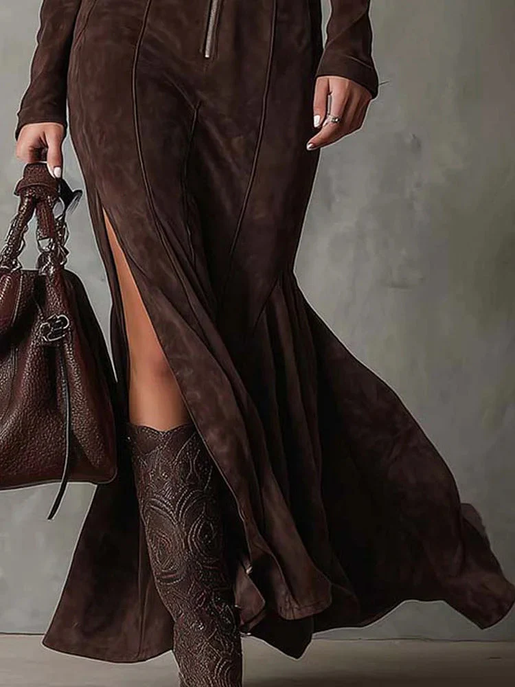 MARSELLA - LONG BROWN DRESS WITH BELT - Image 3