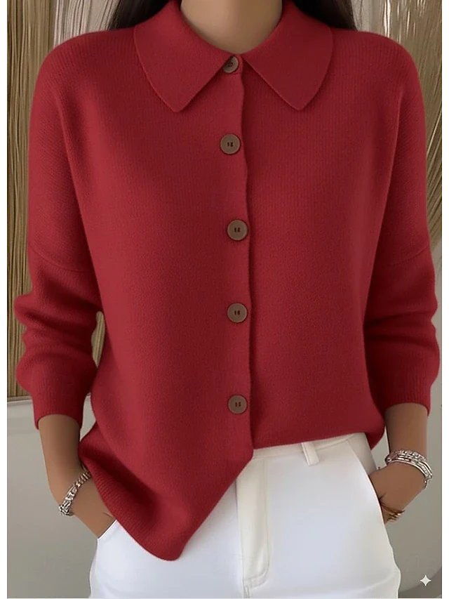 Women's Ribbed Shirt Collar Button Cardigan - Image 3