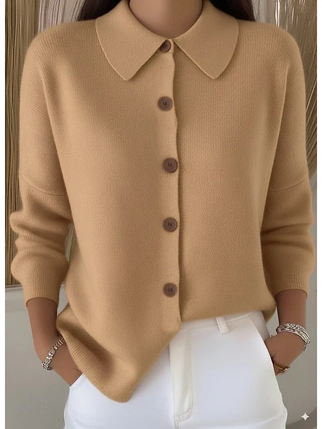 Women's Ribbed Shirt Collar Button Cardigan - Image 4